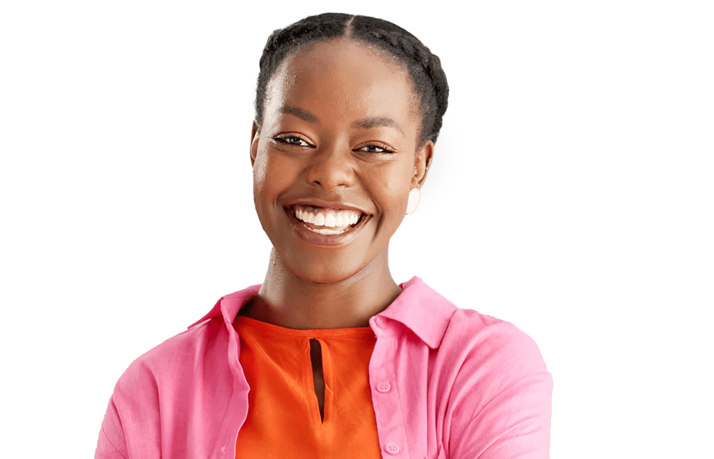 A smiling woman with her arms crossed.